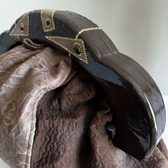 Vintage Patchwork Leather Wooden Handle Clutch With Stones - Picture 4 of 11